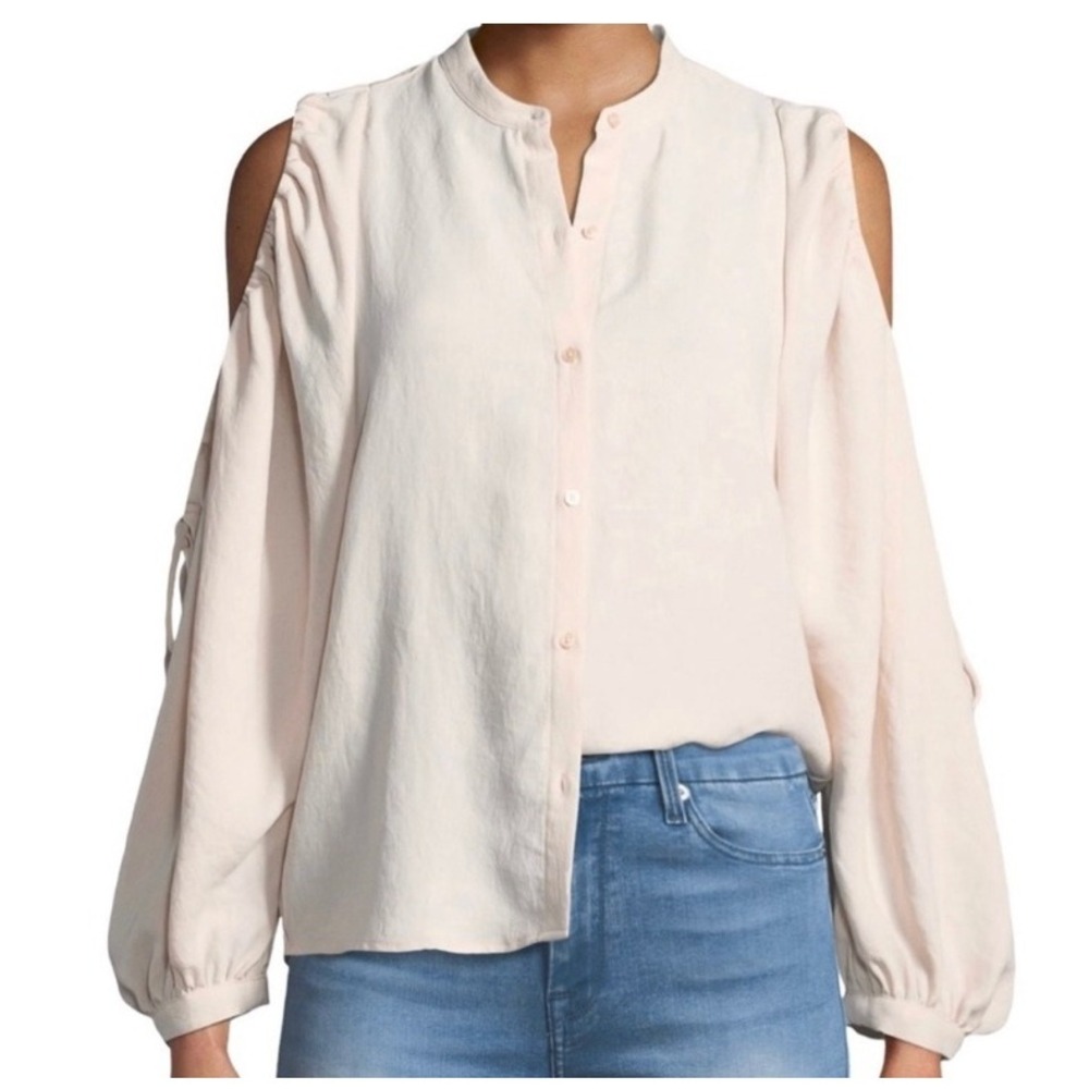 7 For All Mankind Blouse S Peach Japanese Fabric Ruched Sleeve Button Down Top